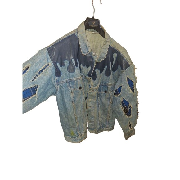 Custom Vintage Denim Jacket Trucker Size L Sauce Blue Plaid Drip Rizz Ripped - Picture 8 of 11